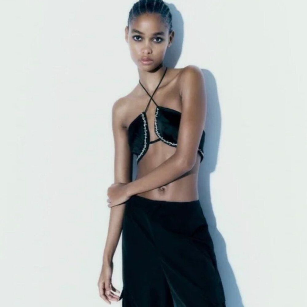 Zara Satin Effect Rhinestone Crop Top